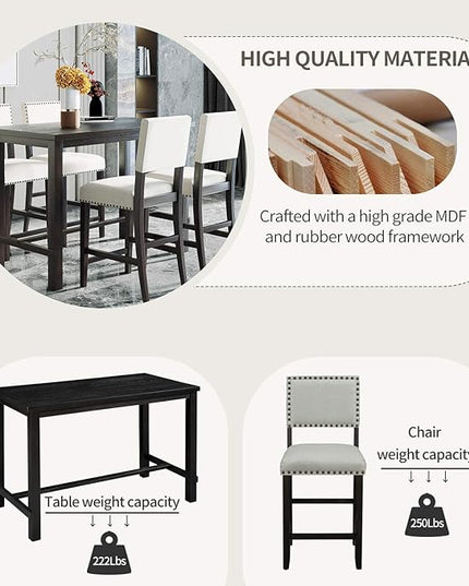Kitchen 5-Piece Counter Height Dining Set, Classic Elegant Table and 4 Chairs in Espresso and Beige - LeafyLoom