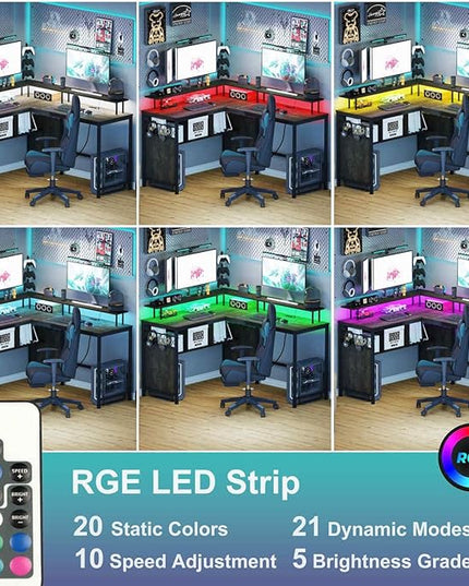 Industrial Home Office Desk with Storage, L Shaped Desk with Power Outlet, Reversible Computer Desk with Monitor Stand, Corner Gaming Desk with Led Lights (Walnut Brown) - LeafyLoom