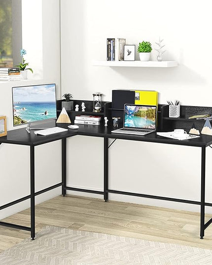 LUARANE 65.5 Inches L-Shaped Desk, Industrial Computer Desk with Hutch File Rack, Space Saving Corner Desk with Metal Frame, Computer Workstation for Home Office (Black) - LeafyLoom