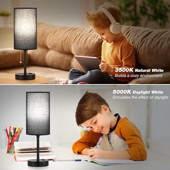 Dicoool 18Inch Tall Bedroom Lamps with USB C and A Ports 3 Color Temperatures - Pull Chain Black Nightstand Bedside Table Lamp with AC Outlet, Side Lamp for Living Room End Table - LeafyLoom