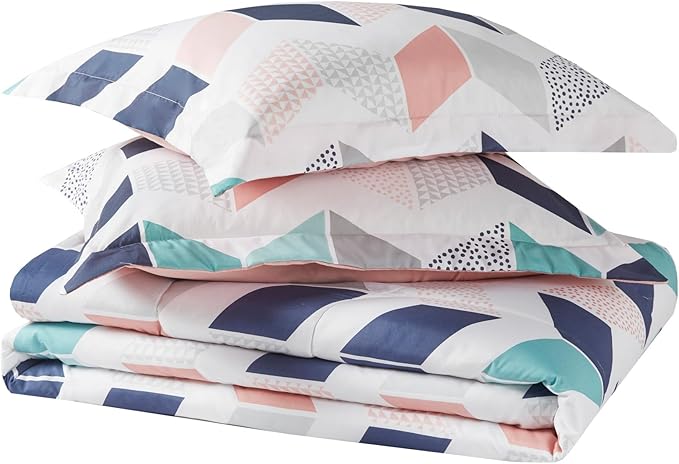 Comfort Spaces Kylar Cozy Comforter Set, Vibrant Chevron Ruching Design with Solid Reverse, All Season Down Alternative Bedding with Matching Sham, Twin/Twin XL (66 in x 90 in), Multi/Blush 2 Piece - LeafyLoom