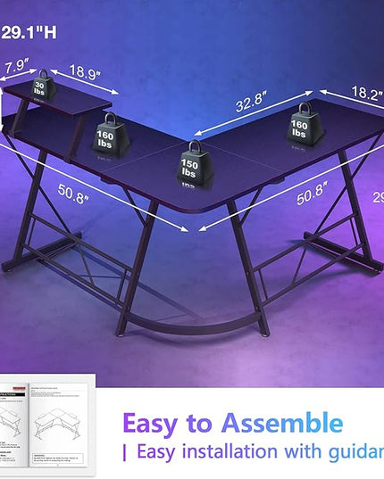 Mr IRONSTONE L Shaped Gaming Desk Corner Computer Desk, Home Office Desks Writing Workstation with Large Monitor Stand, Easy to Assemble (Black,51 Inch) - LeafyLoom