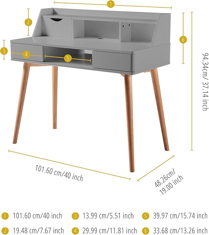 Teamson Home Creativo Writing Study Computer Desk with Solid Wood Legs, Storage Drawers and Open Shelves Hutch for Home Office Living Room Reading Bedroom, 37 inch Height, Gray - LeafyLoom