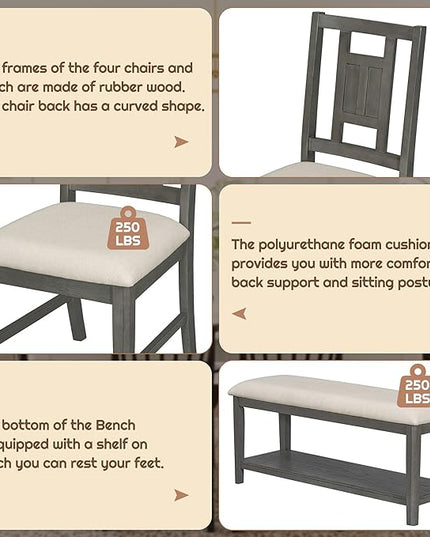 6-Piece Retro Dining Set, Minimalist Rectangular Table and 4 Upholstered Chairs & 1 Bench with a Shelf for Kitchen Living Room, Dark Gray, 60" L x 43" W x 30" H - LeafyLoom