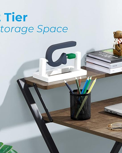 GreenForest Folding Computer Desk No Assembly Required 2 Tier Computer Desk with Shelf Space Saving Small Foldable Fully Unfold 32 X 24.5 inch, Brown, Large Size:29.5 X 20.47 - LeafyLoom