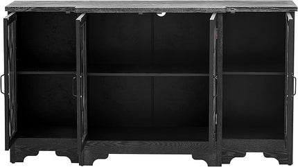 58" Retro Sideboard Glass Door with Curved Line Design,Wood Ample Storage Cabinet,W/Black Handle and Three Adjustable Shelves,for Dining Living Room Entryway - LeafyLoom