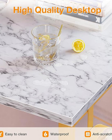 ODK Computer Desk Large Office Desk, 48 Inch Writing Desk with Storage, Modern PC Desk Work Table with Headphone Hook for Home Office, White Marble + Gold Leg - LeafyLoom