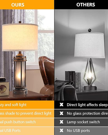 Set of 2 Farmhouse Lamps for Living Room, Rustic Vintage Bedroom Nightstand Table Lamp with 2 USB Charging Ports, Built-In Frosted Glass Night Light for End Table Entryway, 4 Bulbs Included (Bronze) - LeafyLoom
