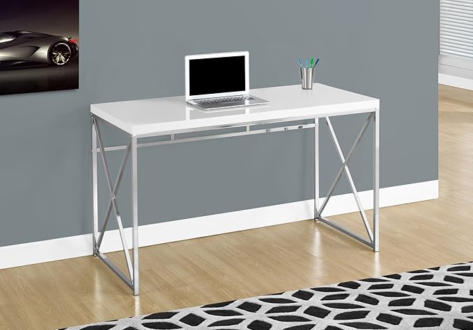 Monarch Specialties 7205 Computer Desk, Home Office, Laptop, Work, Laminate, Contemporary, Modern Desk-48 L Glossy White Chrome Metal, 47.25" L x 23.75" W x 29.75" H - LeafyLoom