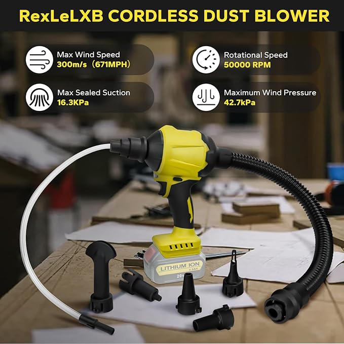 Cordless Dust Blower for Dewalt 20V Max Battery, 2-in-1 Blower & Vacuum, Handheld Blower HighSpeed Motor Air Compressed Duster w/ 671 MPH & 7 Nozzles for Sawmill Room, Home Cleaning(No Battery ) - LeafyLoom