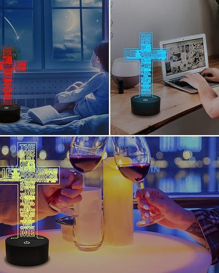 FULLOSUN Jesus Cross 3D Night Light, Christ Optical Illusion Lights 16 Colors Change with Remote Control, The Lord Desk Lamps Room Home Decor Xmas Birthday Easter Gifts - LeafyLoom