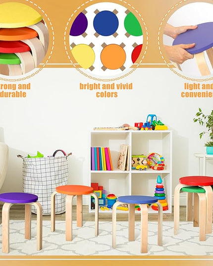6 Pcs 12 Inch Bentwood Stacking Stool for Kids Colored Durable Round Nesting Stool Flexible Wood Stackable Stool Chairs for Playroom Daycare Home Classroom (Classic Color) - LeafyLoom