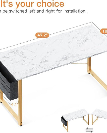 ODK Computer Desk Large Office Desk, 48 Inch Writing Desk with Storage, Modern PC Desk Work Table with Headphone Hook for Home Office, White Marble + Gold Leg - LeafyLoom