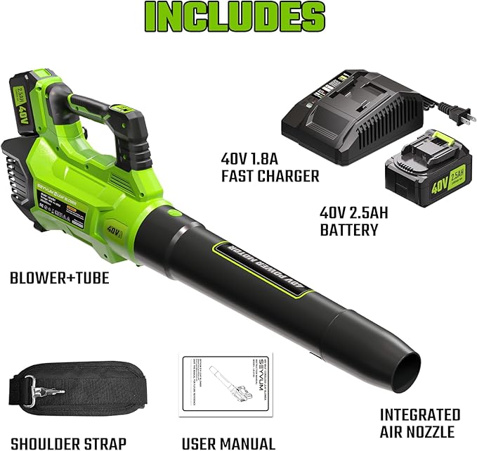 SEYVUM 40V Leaf Blower Cordless - 600CFM 165MPH, Electric Leaf Blower with Upgrade 40V 2.5Ah Battery & Charger, Leaf Blower for Lawn Care with Shoulder Strap - 3 Speed Mode for Leaf/Dust/Snow Blowing - LeafyLoom