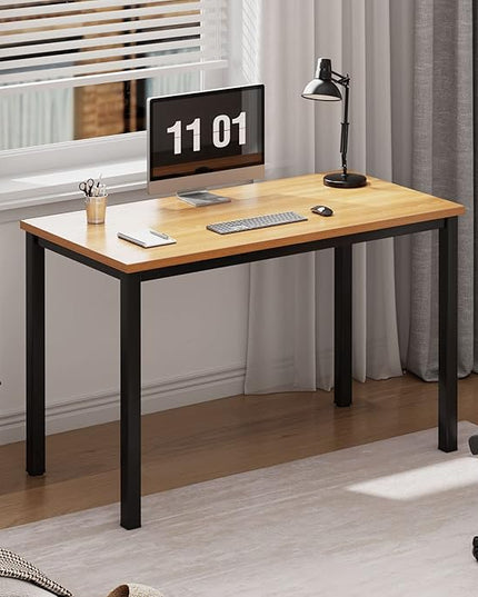Need Small Desk, 39.4 inches Sturdy Writing Desk for Small Spaces, Small Computer Desk Teens Desk Study Table Laptop Desk Home Ofice Desk, Black Metal Frame, Teak - LeafyLoom