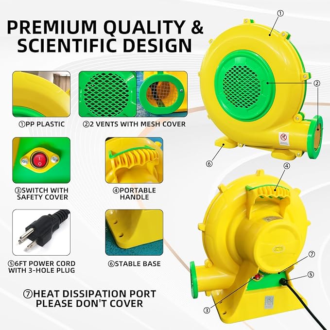 Inflatable Bounce House Blower, QILEBA 1100Watt/1.5HP Powerful Air Blower for Large Inflatables, Portable Bubble House Blower Fan Pump for Spray Booth, Bouncy Castle, Jumper, Water Slid, Blower Corded - LeafyLoom