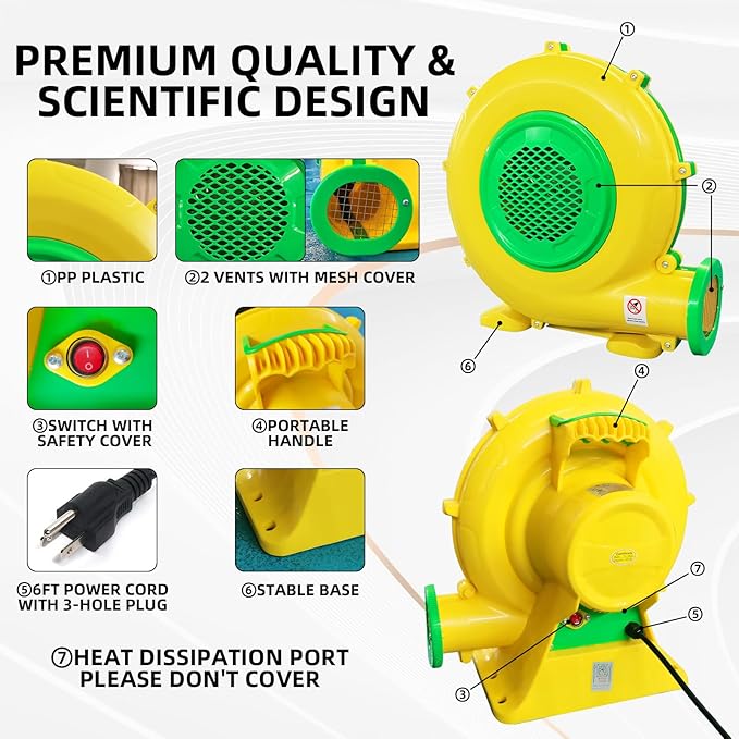 Air Blower for Inflatables, 950Watt 1.25HP Bounce House Blower, Inflatable Bubble House Blower, Electric Fan Pump for Outdoor Inflatable Paint Booth Water Slid, Bouncy Castle, Jumper, Blower Corded - LeafyLoom