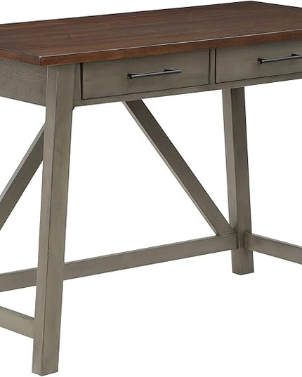 OSP Home Furnishings Milford Rustic 42 Inch Writing Desk with 2 Drawers and Burnished Decorative Hardware, Slate Gray - LeafyLoom