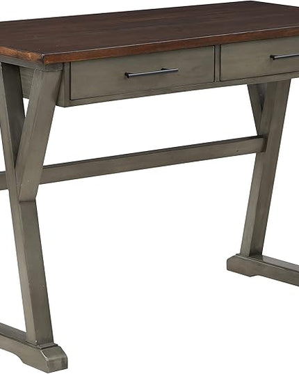 OSP Home Furnishings Jericho Rustic 42 Inch Writing Desk with 2 Drawers and Burnished Decorative Hardware, Slate Gray - LeafyLoom