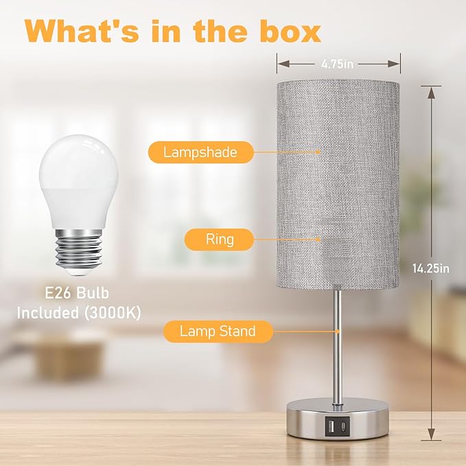 AKASUKI Table Lamp for Bedroom, 3 Way Dimmable Touch Lamp with Dual Charging Station, Small Bedside Lamps for Night Stands, Living Room, Office(LED Bulb Included) - LeafyLoom