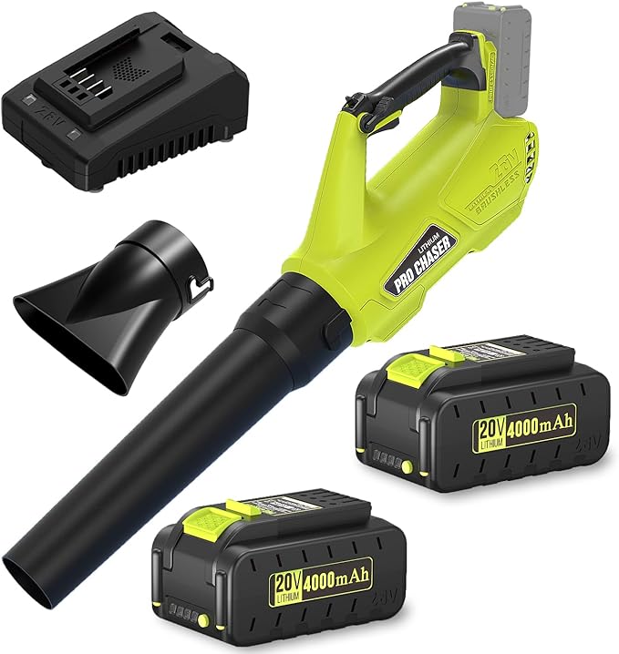 Pro Chaser Battery Powered Cordless Blower - 380 CFM with 2 X 4.0Ah 20V Batteries & Fast Charger, Lightweight Electric Leaf Blowers, 2 Variable Speed, Ideal for Yard, Patio & Sidewalk (Green) - LeafyLoom