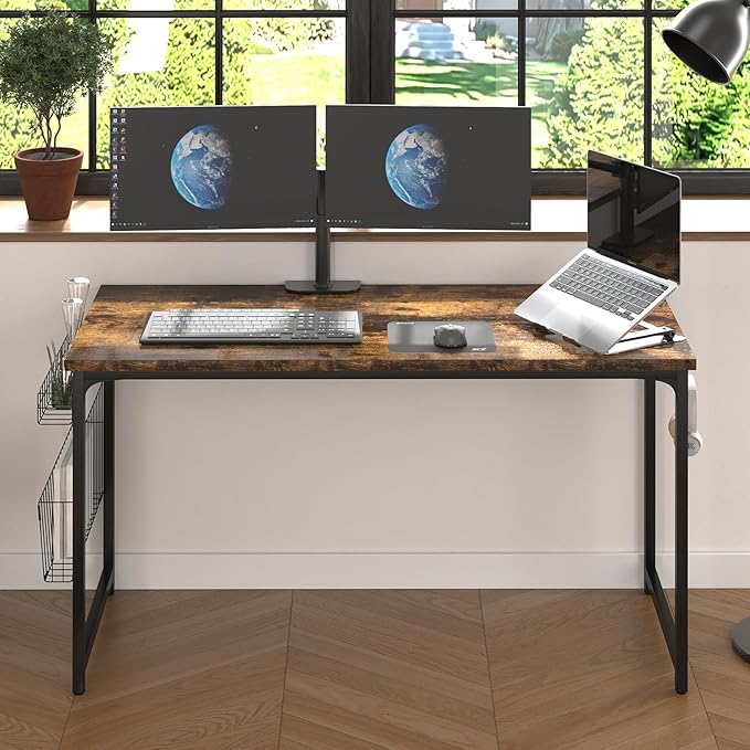 yoyomax Computer Desk, 55 Inch Home Office Desk, Wood Simple Style Student Writing Desk, Study PC Table with Storage Basket and Headphone Hooks, Rustic Brown - LeafyLoom