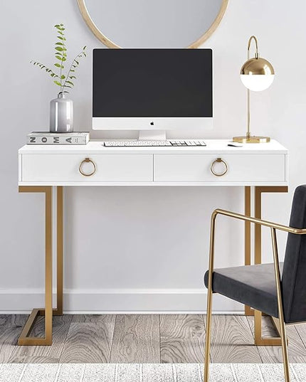 Nathan James Leighton Two-Drawer Writing Glam Accents Brass, Home Office Computer Desk or Vanity Table, 2, White/Gold, Small - LeafyLoom