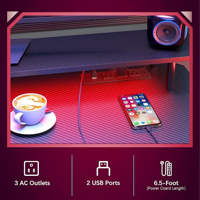 Gaming Desk with Power Outlets & LED Strip Lights,Computer Desk with Large Monitor Stand, Gamer Workstation with Stylish Metal Legs,Headphone Hook&Cup Holder for Home Office - LeafyLoom