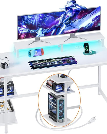 Furologee White Desk with Power Outlets and LED Lights, 47" Office Gaming Desk with Shelves and Fabric Drawer, Reversible Study Table with Monitor Stand and Hooks - LeafyLoom