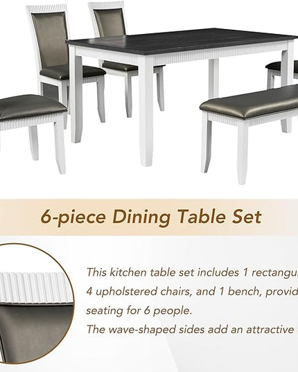 6-Piece Wood Dining Table Set with 4 Upholstered Chairs and Bench, for Kitchen Living Room, Farmhouse Rustic Style, 60" L x 36" W x 30" H, White+Gray(PU Leather) - LeafyLoom