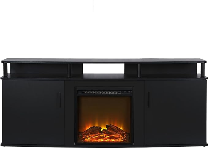 Ameriwood Home Carson Fireplace TV Stand for TVs up to 70 Inch, Replaceable Electric Fireplace Insert Heater, Realistic Log and Flame Effect, For Living Room or Bedroom, Black - LeafyLoom