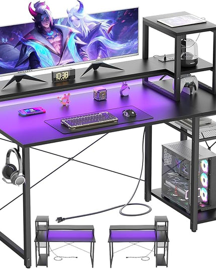 Gaming Desk with Lights & Power Outlets, 47.2'' Computer Desk with Storage Shelves, Small Desk for Small Space, Desk with Monitor Stand, Black - LeafyLoom