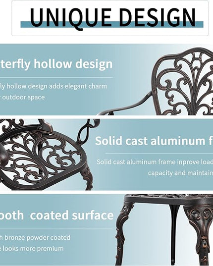 Outdoor Bistro Table and Chairs Set of 2 Cast Aluminum Patio Bistro Set with Umbrella Hole, All Weather Bistro Table Set for Garden, Bronze - LeafyLoom