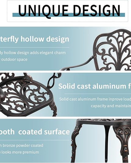 Bistro Set 3 Piece Outdoor Bistro Table and Chair Set of 2 Cast Aluminum Patio Furniture with Umbrella Hole,Patio Bistro Table Sets for Garden,Yard(Brown) - LeafyLoom