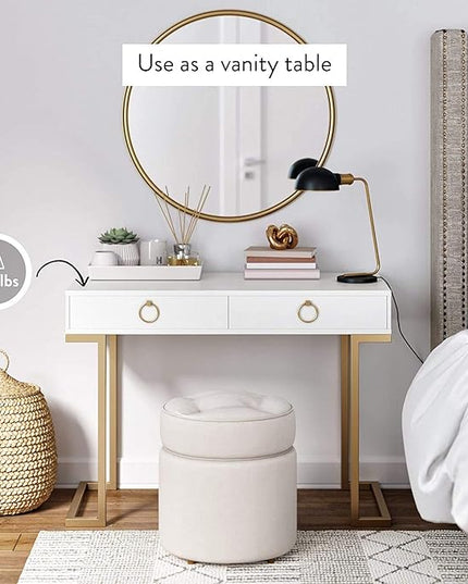 Nathan James Leighton Two-Drawer Writing Glam Accents Brass, Home Office Computer Desk or Vanity Table, 2, White/Gold, Small - LeafyLoom
