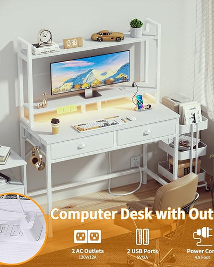 Furologee Small White Computer Desk with Power Outlet and 2 Fabric Drawers, 40" Makeup Vanity Desk with LED Light, Home Office Desk with Monitor Stand, Gaming Desk with Hutch for Small Space - LeafyLoom