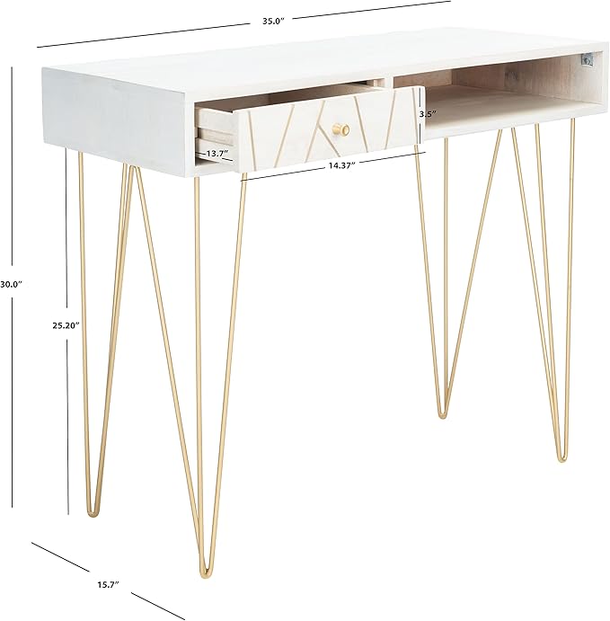 Safavieh Home Office Collection Marigold White Wash and Brass 1-Drawer Hairpin Leg Desk, 0 - LeafyLoom