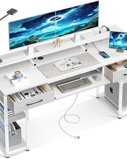 ODK Computer Desk with Drawers & Power Outlet, 63 Inch Office Desk with Keyboard Tray & Storage Shelves & PC Stand, Large Office Table Work Desk with Monitor Stand, White - LeafyLoom