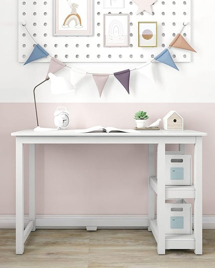 Max & Lily Solid Wood Desk With Shelves, 47 Inches, White - LeafyLoom
