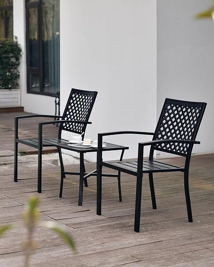 3 Piece Iron Bistro Set Stackable Outdoor Patio Furniture Set with 2 Large Comfortable Porch Chairs and Metal Coffee Table, Black - LeafyLoom
