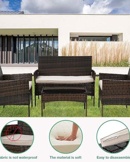 Outdoor Patio Furniture Sets 4 Pieces Patio Set Rattan Chair Wicker Sofa Conversation Set Patio Chair for Backyard Lawn Porch Poolside Balcony Garden Furniture Sets with Coffee Table (Brown) - LeafyLoom