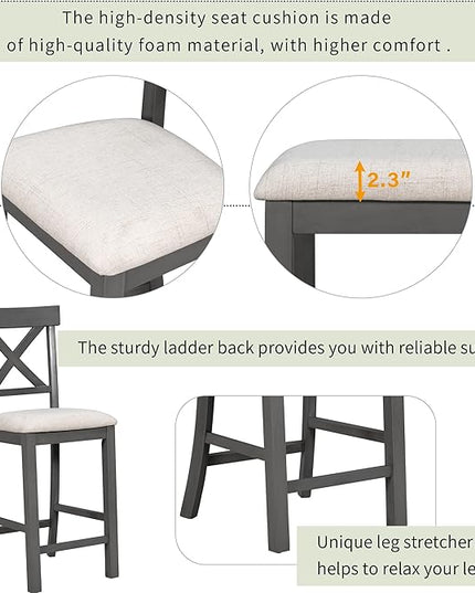 6-Piece Wood Counter Height Dining Set, Rectangular Table with Shelf, 4 Chairs and Bench for Kitchen, Breakfast Nook, Living Room, Gray, 60" L x 29.5" W x 36" H - LeafyLoom