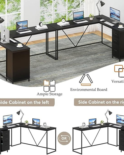HSH Large Black L Shaped Desk, Corner Wood Computer Desk with Drawer, Modern Work Home Office Desk with Storage Cabinet, Industrial Executive PC Study Writing Desk for Living Bedroom, Black, 59 Inch - LeafyLoom