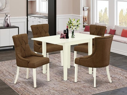 East West Furniture NDFR5-LWH-18 Norden 5 Piece Room Furniture Set Includes a Rectangle Dining Table with Dropleaf and 4 Brown Linen Fabric Parsons Chairs, 30x48 Inch - LeafyLoom