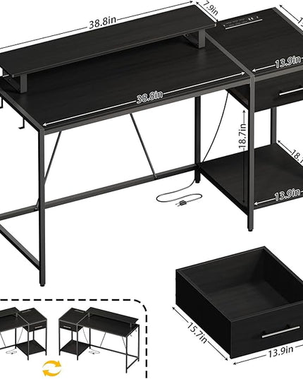 Gaming Desk with Led Light & Power Outlets, 55" Computer Desk with Wooden Drawers and Monitor Stand, Office Desk with Shelves and 2 Headphone Hooks, Work Desk for Home Office,Black - LeafyLoom