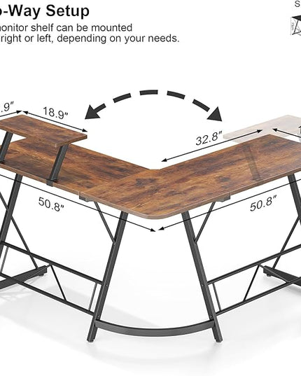 Mr IRONSTONE L Shaped Computer Desk: Corner Desk, Home Office Desk, Gaming Writing Workstation with Large Monitor Stand, Easy to Assemble (Rustic Brown,51 Inch) - LeafyLoom