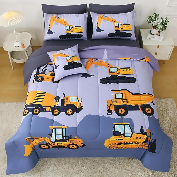 JQinHome Construction Full Bedding Sets for Boys Kids,8 Piece Bed in A Bag 3D Cartoon Car Excavator Tractor Comforter Set with Sheet Set,Trucks Cars - LeafyLoom