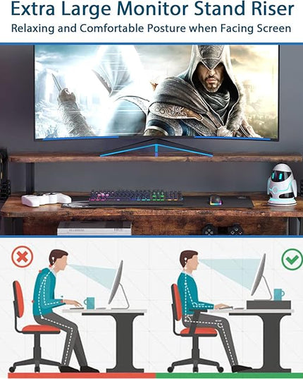 Gaming Desk, Computer Desk with Large Monitor Stand and Open Shelf, PC Laptop Gamer Table Workstation with Cup Holder, Headphone Hook, 2 Speaker Stand for Home Office (Rustic Brown) - LeafyLoom