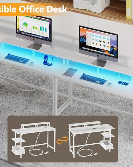 Furologee White Gaming Desk with Charging Station and LED Lights, 55" Office Computer Desk with Reversible Shelves and Fabric Drawer, Study Table with Monitor Stand and 2 Hooks for Home Office - LeafyLoom