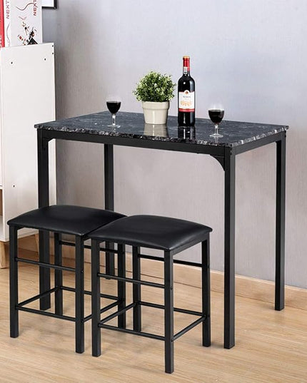 ARLIME 3-Piece Dining Table Set, 2 Chairs and 1 Table with Faux Marble Tabletop, Indoor Modern Dining Table Furniture Set with Metal Frame, for Kitchen, Dining Room, Bar (Black) - LeafyLoom